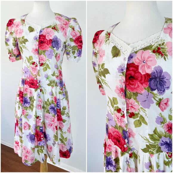 Vintage 80s‎ / 90s Pink Red Floral Mini Dress Laura Ashley // Size Medium - Picture 1 of 6